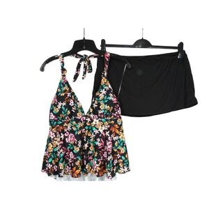 TIME & TRU Black/Multi FLORAL Tie Halter PADDED Tankini TOP/SKIRT Swimsuit Sz L